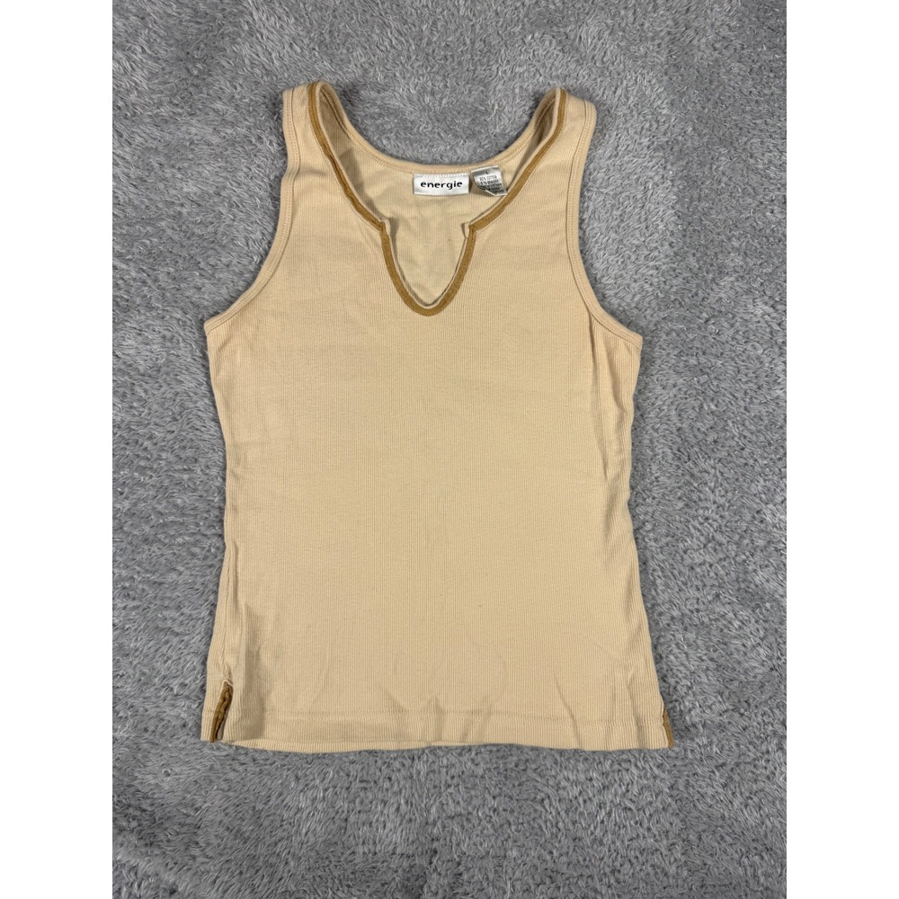 Energie Tank Top Womens Large Tan Good Y2K Ribbed Split Neck Contrast Trim